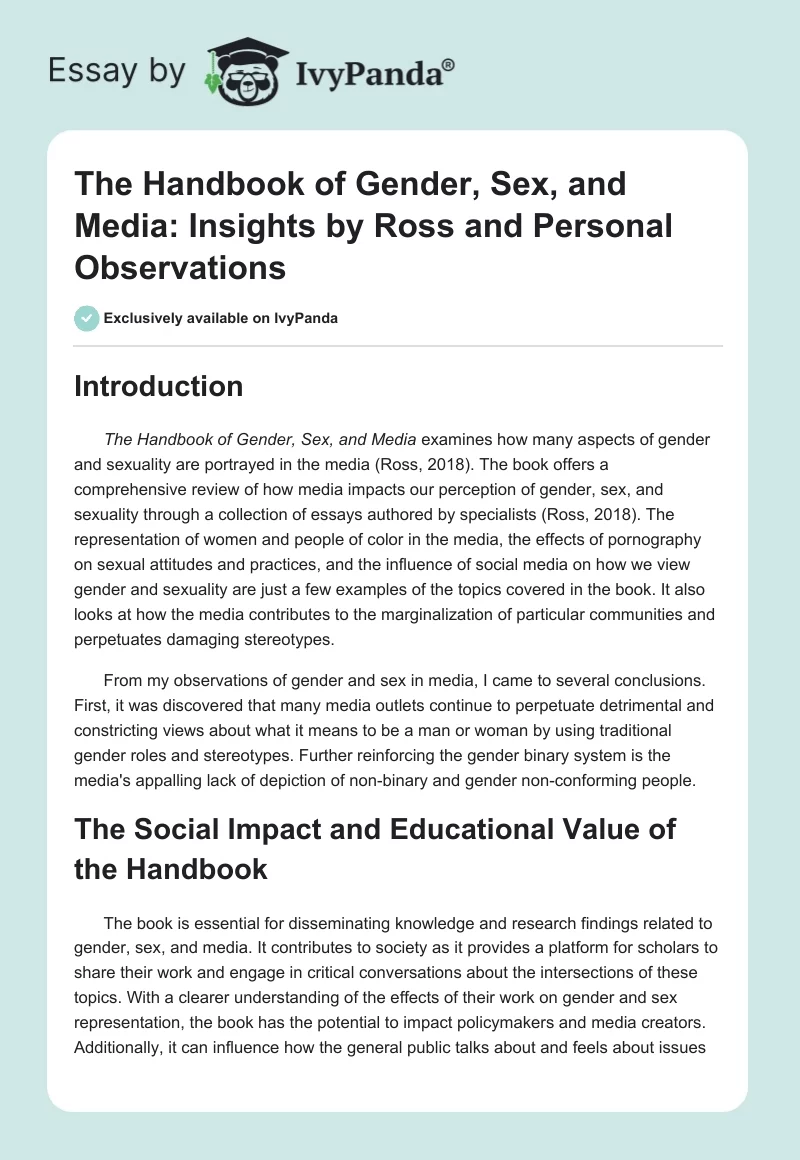 The Handbook of Gender, Sex, and Media: Insights by Ross and Personal Observations. Page 1