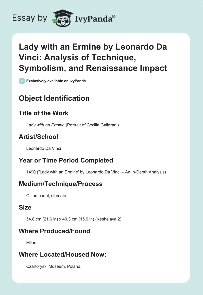 Lady with an Ermine by Leonardo Da Vinci: Analysis of Technique, Symbolism, and Renaissance Impact. Page 1