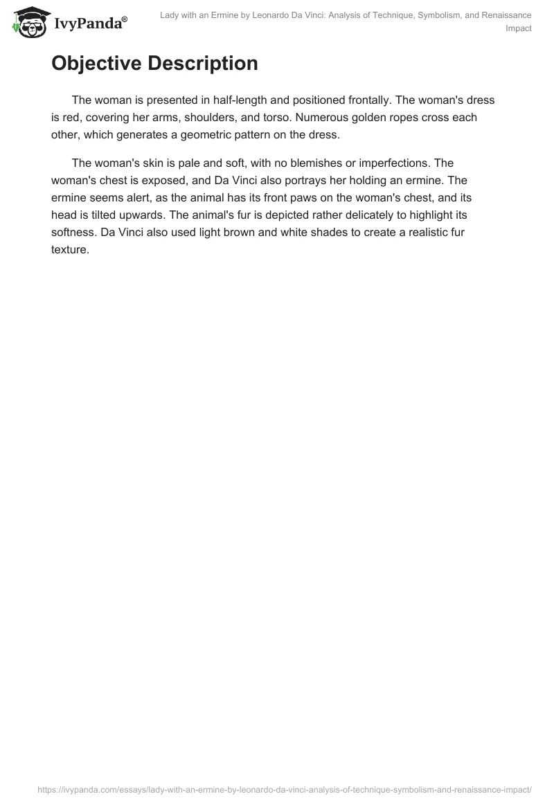 Lady with an Ermine by Leonardo Da Vinci: Analysis of Technique, Symbolism, and Renaissance Impact. Page 2