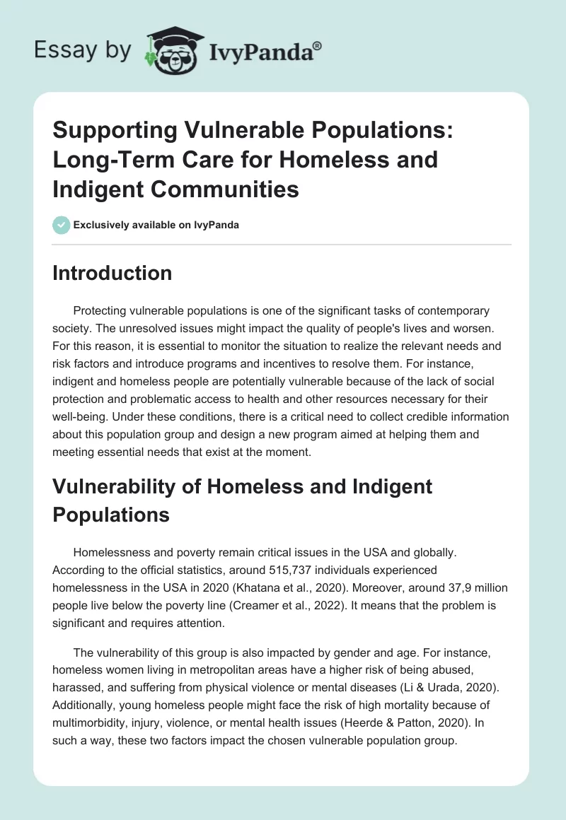 Supporting Vulnerable Populations: Long-Term Care for Homeless and Indigent Communities. Page 1