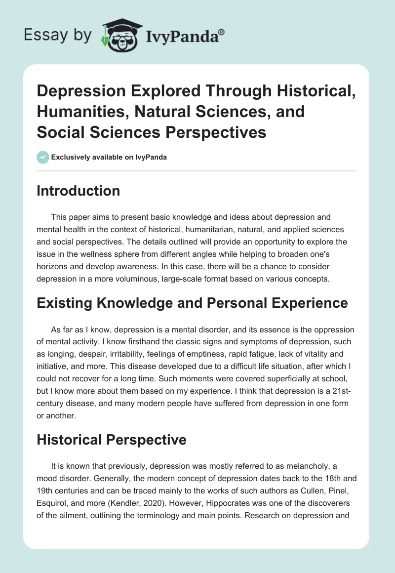 Depression Explored Through Historical, Humanities, Natural Sciences, and Social Sciences Perspectives. Page 1