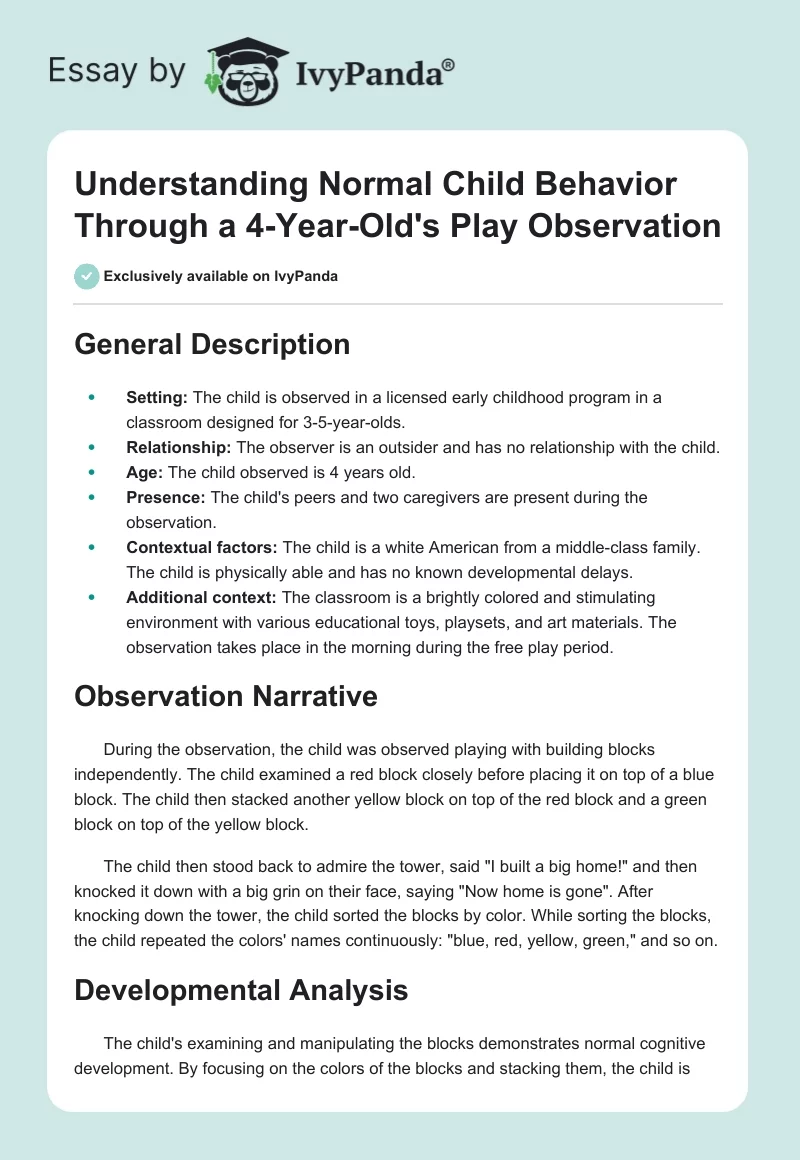 Understanding Normal Child Behavior Through a 4-Year-Old's Play Observation. Page 1
