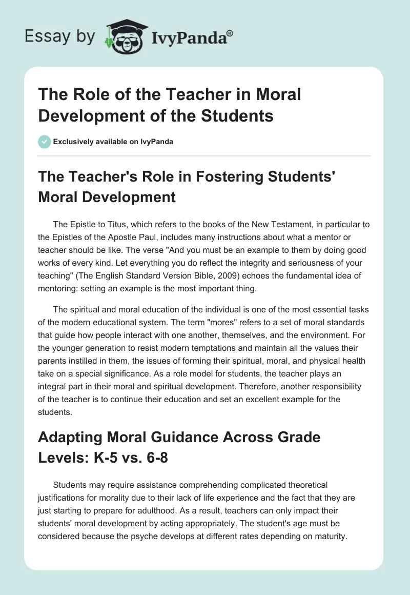 The Role of the Teacher in Moral Development of the Students. Page 1