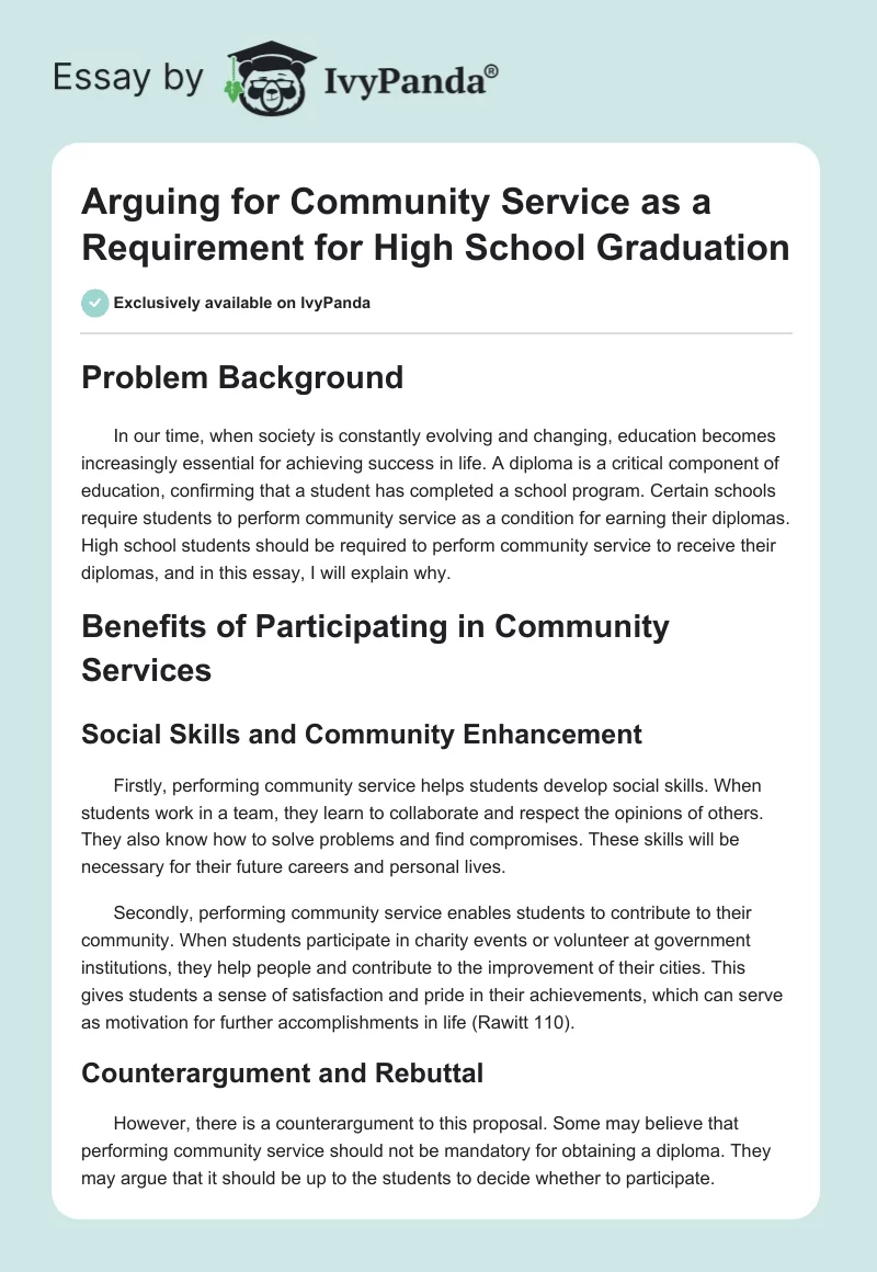 Arguing for Community Service as a Requirement for High School Graduation. Page 1