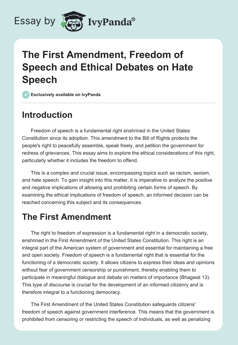The First Amendment, Freedom of Speech and Ethical Debates on Hate Speech. Page 1