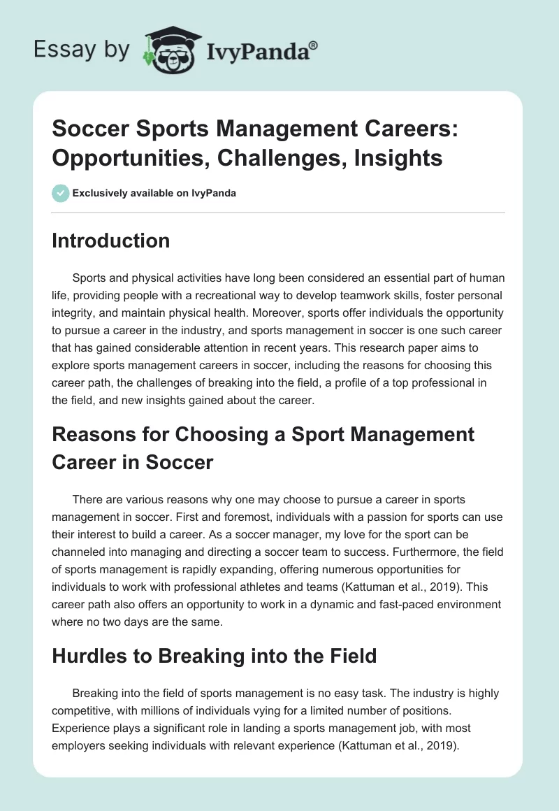 Soccer Sports Management Careers: Opportunities, Challenges, Insights. Page 1