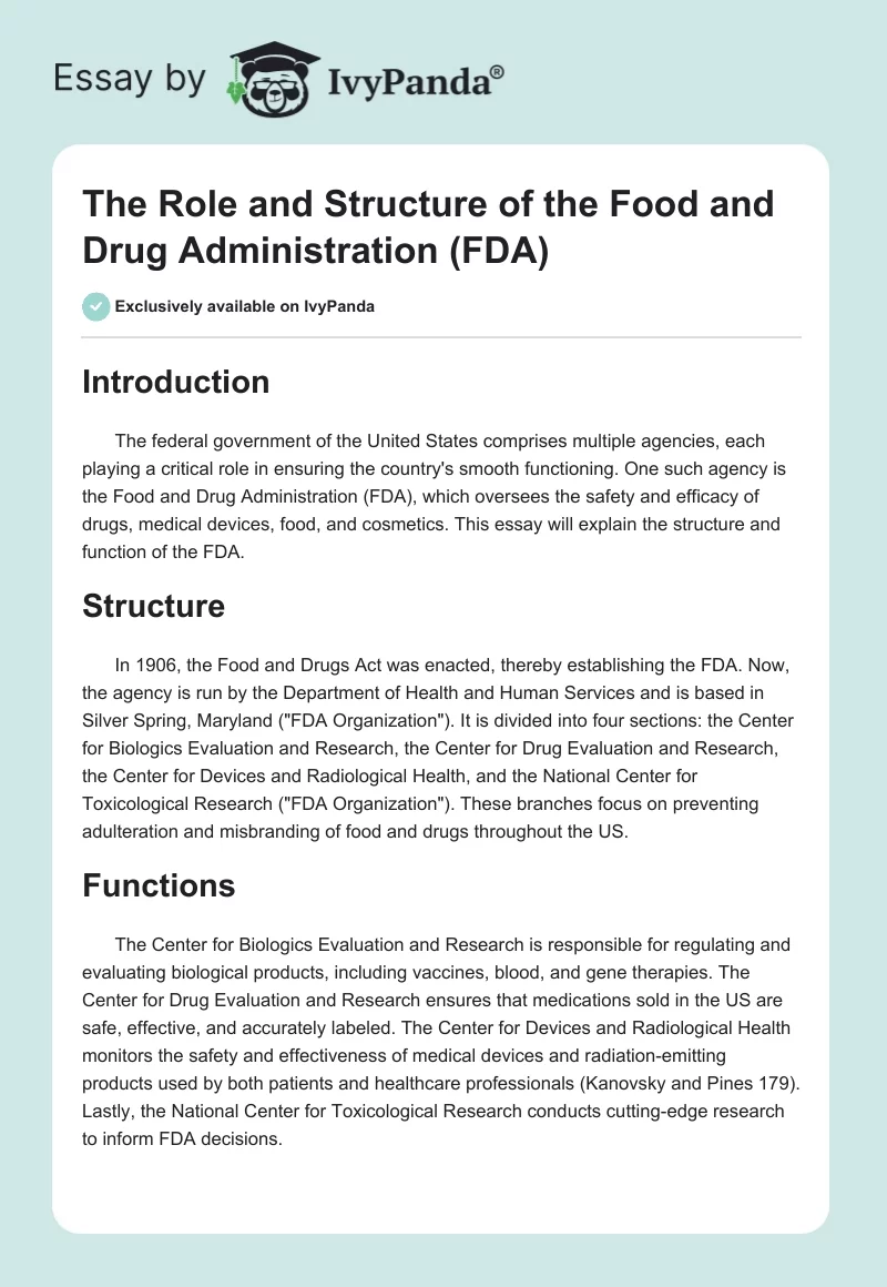 The Role and Structure of the Food and Drug Administration (FDA). Page 1