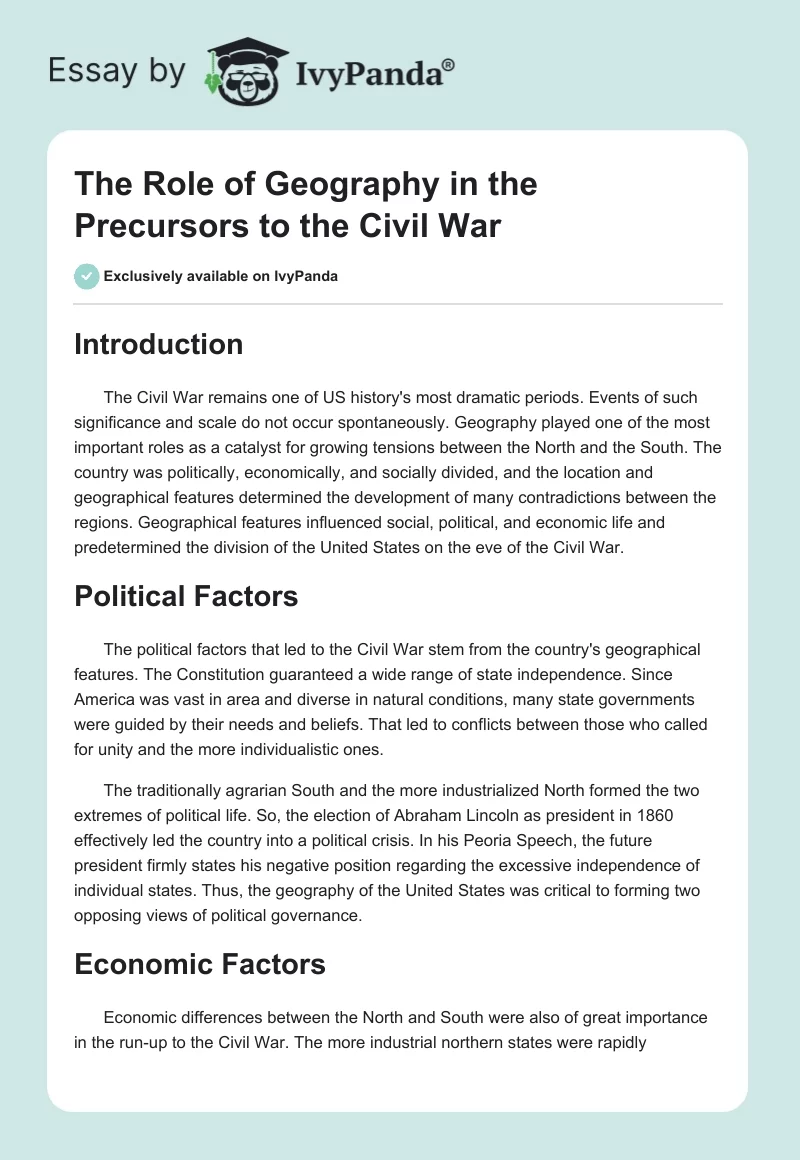 The Role of Geography in the Precursors to the Civil War. Page 1
