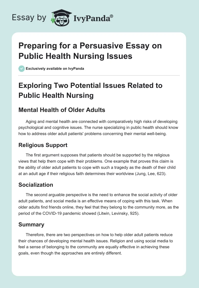 Preparing for a Persuasive Essay on Public Health Nursing Issues. Page 1