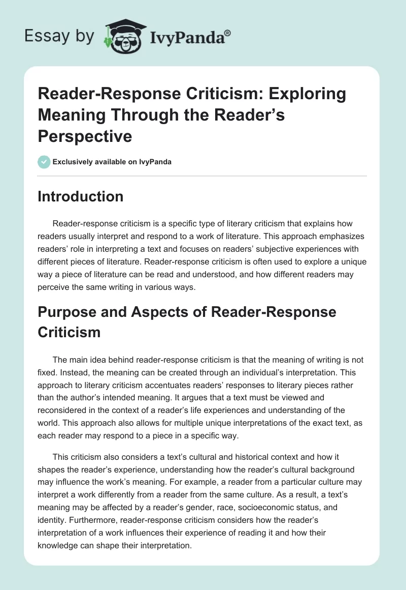 Reader-Response Criticism: Exploring Meaning Through the Reader’s Perspective. Page 1