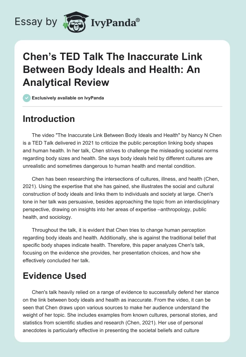 Chen’s TED Talk The Inaccurate Link Between Body Ideals and Health: An Analytical Review. Page 1
