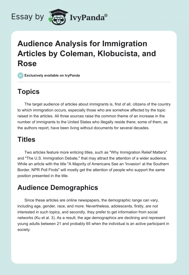 Audience Analysis for Immigration Articles by Coleman, Klobucista, and Rose. Page 1