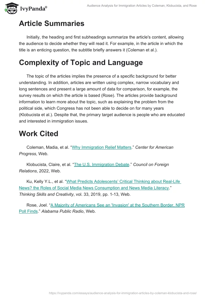 Audience Analysis for Immigration Articles by Coleman, Klobucista, and Rose. Page 2