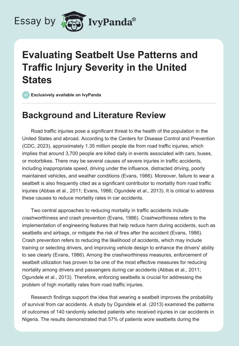 Evaluating Seatbelt Use Patterns and Traffic Injury Severity in the United States. Page 1