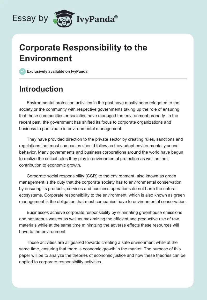 Corporate Responsibility to the Environment. Page 1