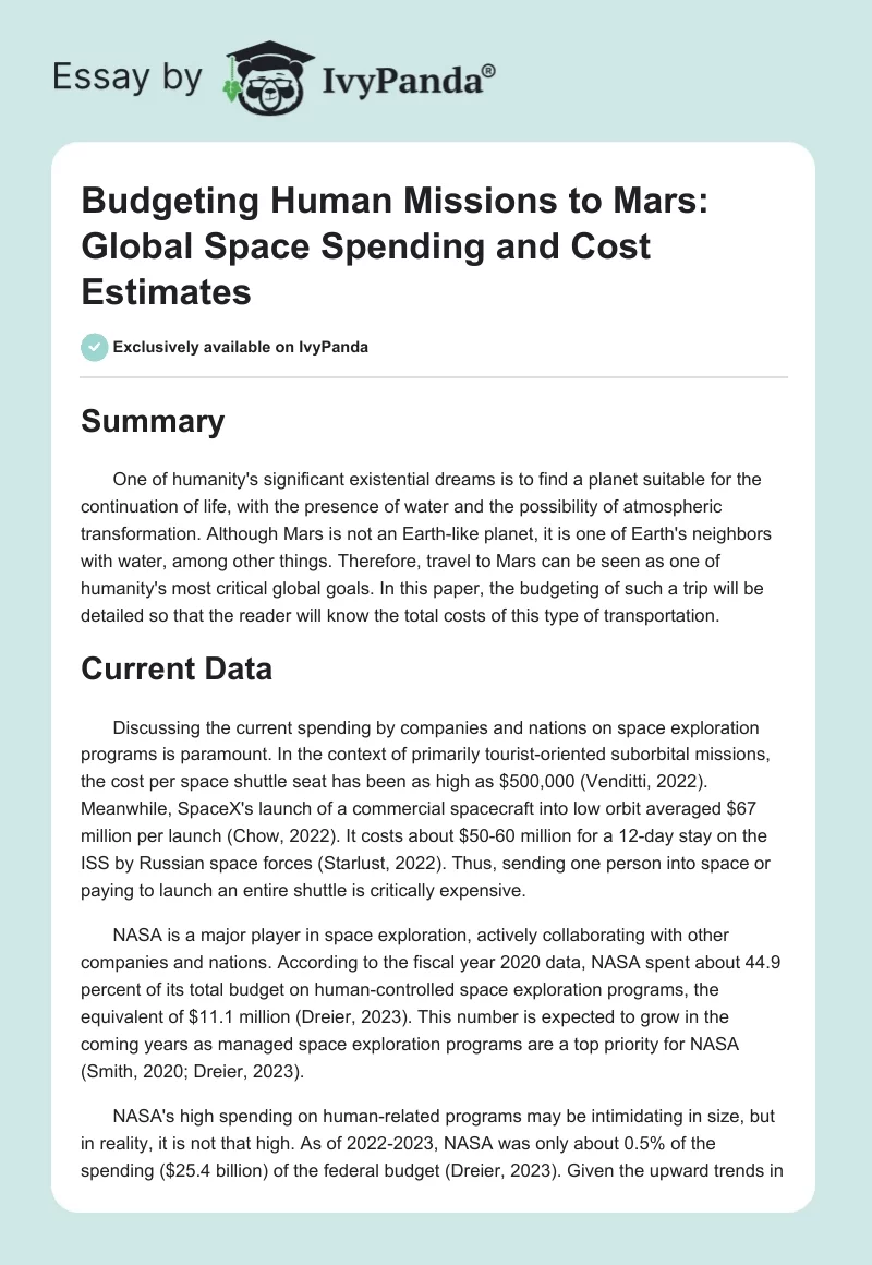 Budgeting Human Missions to Mars: Global Space Spending and Cost Estimates. Page 1