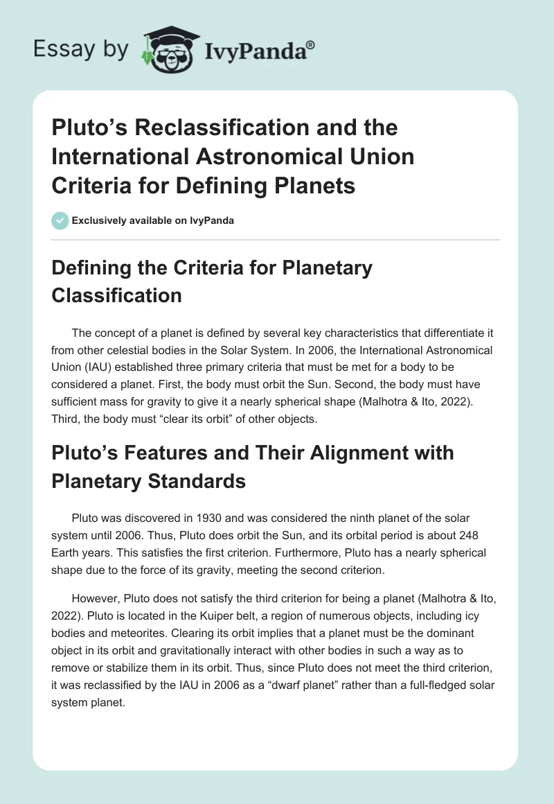 Pluto’s Reclassification and the International Astronomical Union Criteria for Defining Planets. Page 1