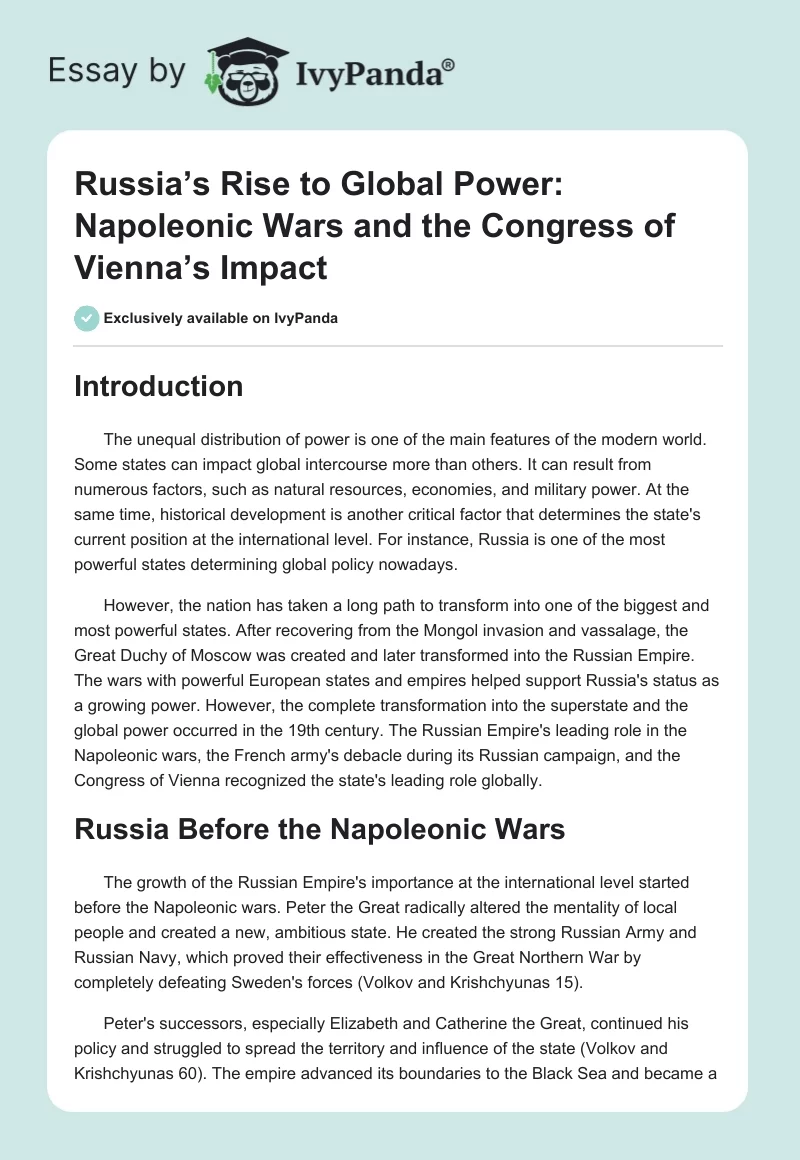 Russia’s Rise to Global Power: Napoleonic Wars and the Congress of Vienna’s Impact. Page 1