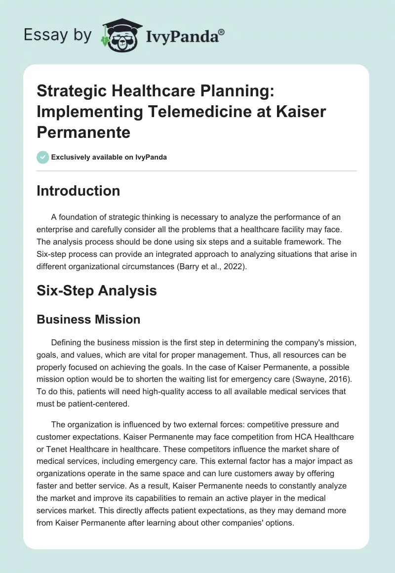 Strategic Healthcare Planning: Implementing Telemedicine at Kaiser Permanente. Page 1