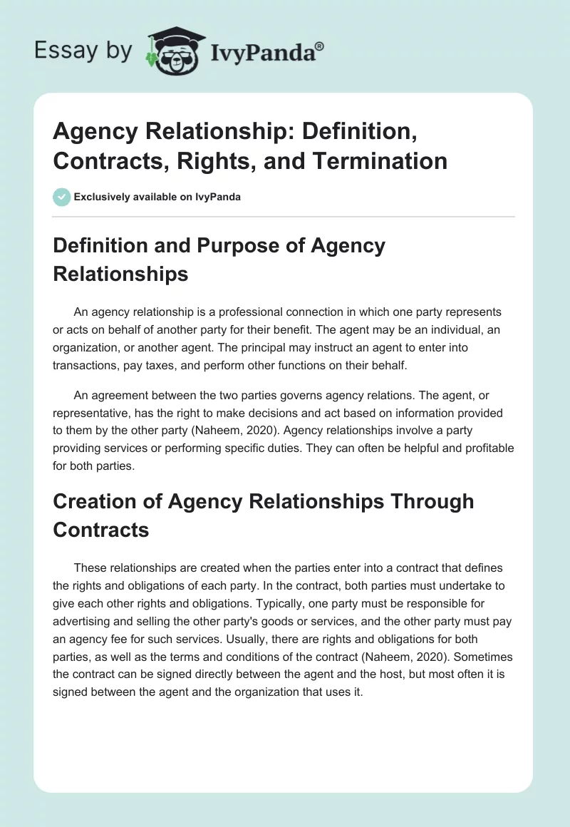 Agency Relationship: Definition, Contracts, Rights, and Termination. Page 1