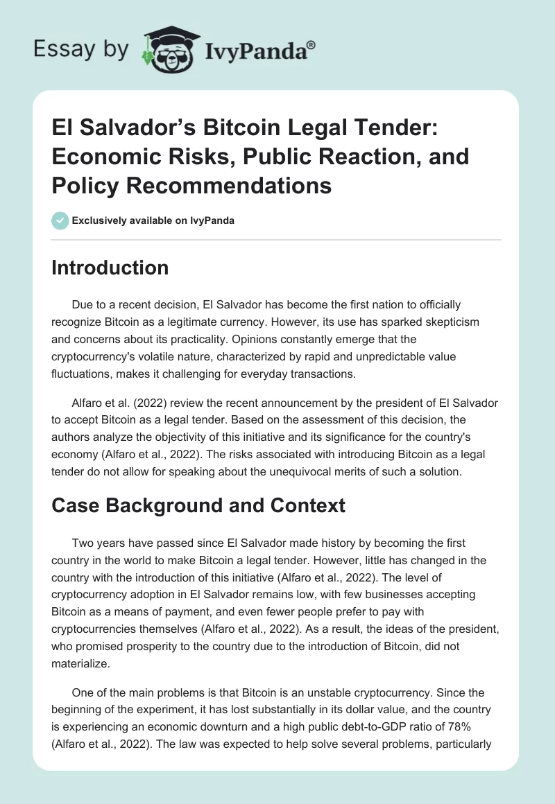 El Salvador’s Bitcoin Legal Tender: Economic Risks, Public Reaction, and Policy Recommendations. Page 1
