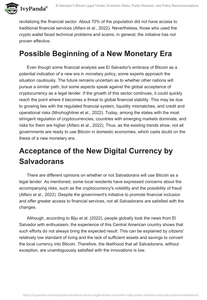 El Salvador’s Bitcoin Legal Tender: Economic Risks, Public Reaction, and Policy Recommendations. Page 2