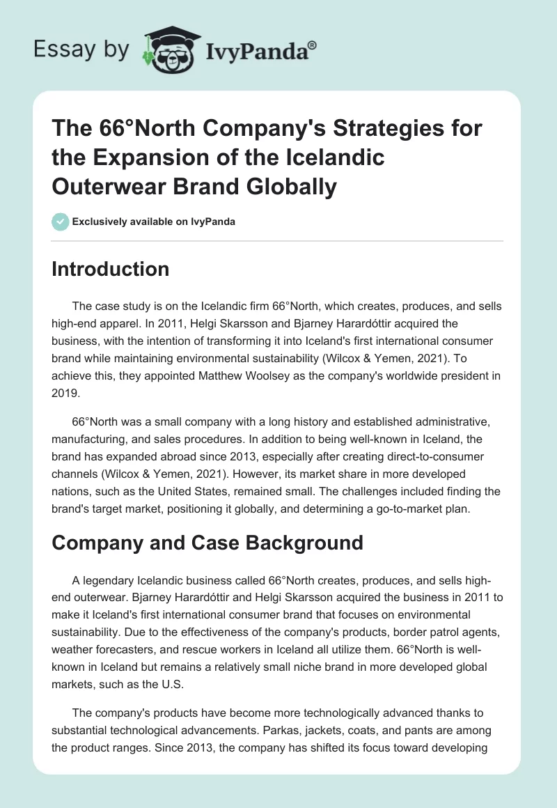 The 66°North Company's Strategies for the Expansion of the Icelandic Outerwear Brand Globally. Page 1