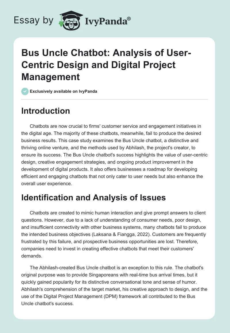 Bus Uncle Chatbot: Analysis of User-Centric Design and Digital Project Management. Page 1