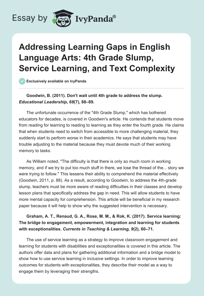 Addressing Learning Gaps in English Language Arts: 4th Grade Slump, Service Learning, and Text Complexity. Page 1