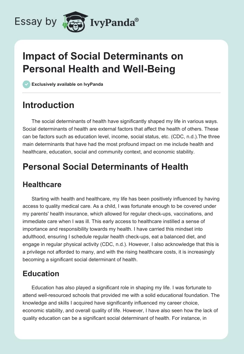 Impact of Social Determinants on Personal Health and Well-Being. Page 1