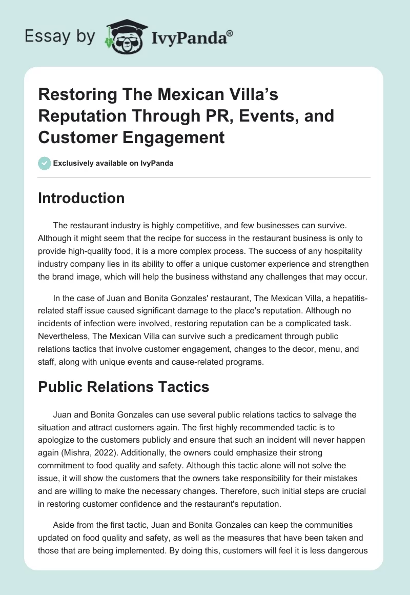 Restoring The Mexican Villa’s Reputation Through PR, Events, and Customer Engagement. Page 1