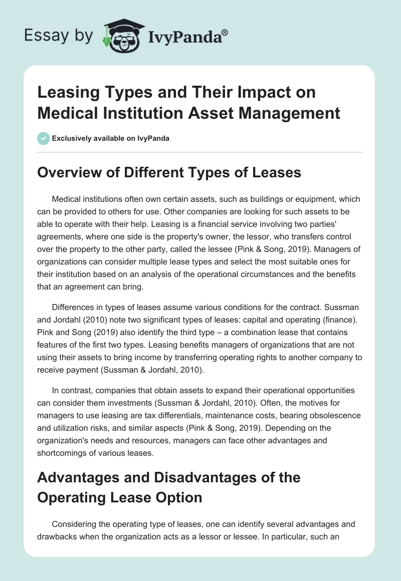 Leasing Types and Their Impact on Medical Institution Asset Management. Page 1