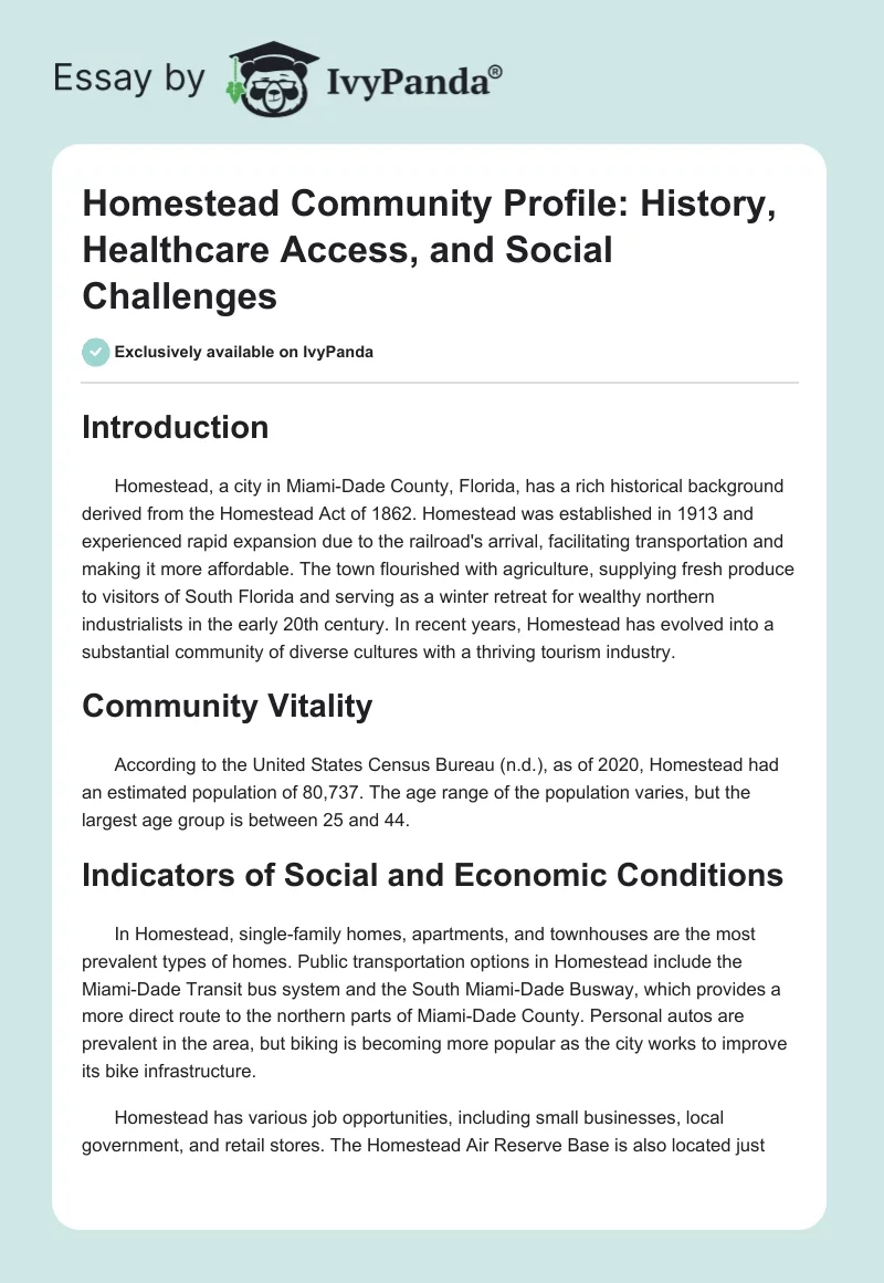 Homestead Community Profile: History, Healthcare Access, and Social Challenges. Page 1