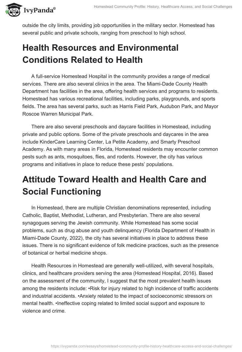 Homestead Community Profile: History, Healthcare Access, and Social Challenges. Page 2