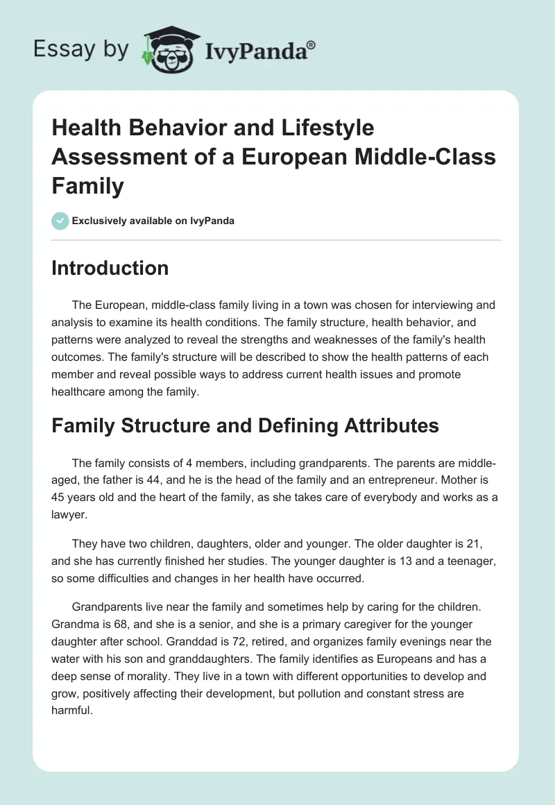 Health Behavior and Lifestyle Assessment of a European Middle-Class Family. Page 1