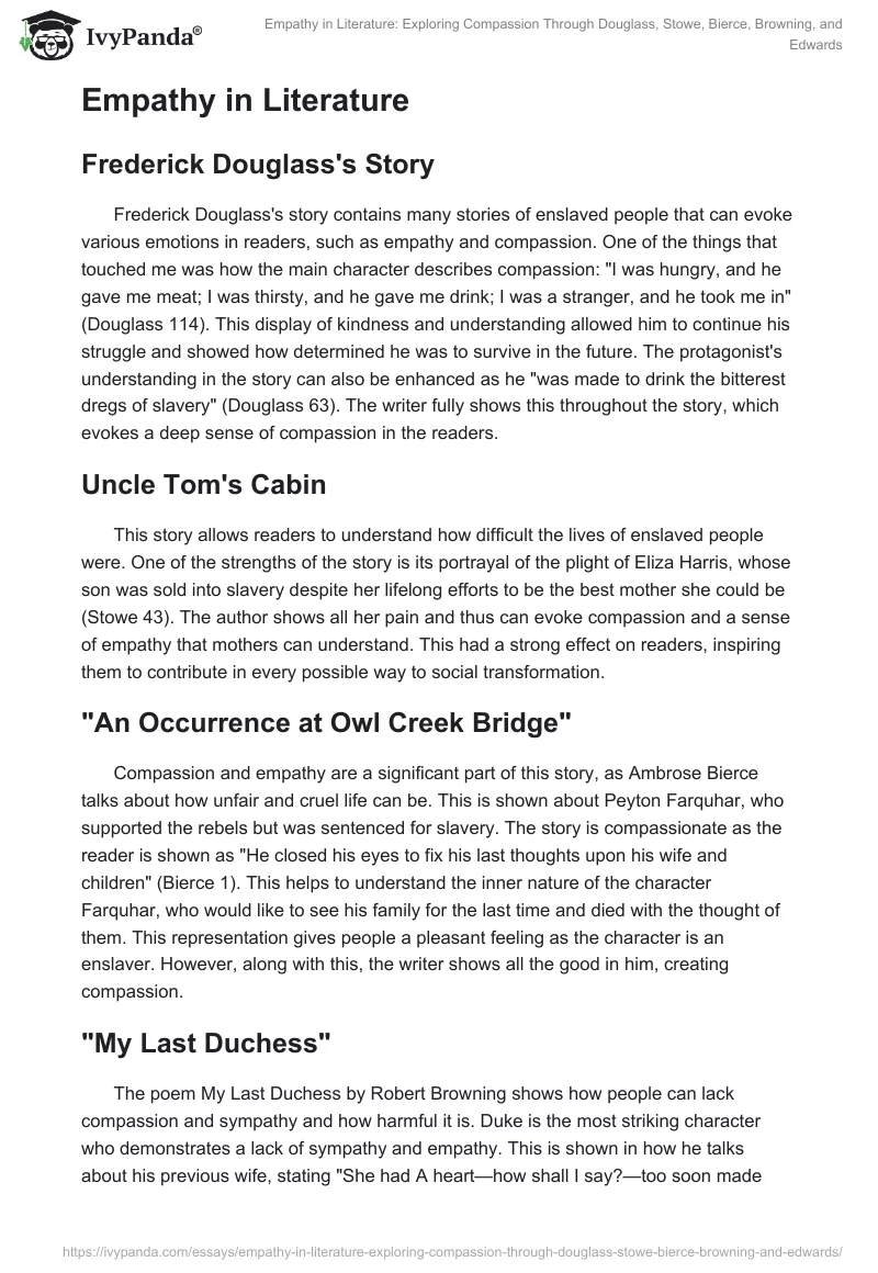 Empathy in Literature: Exploring Compassion Through Douglass, Stowe, Bierce, Browning, and Edwards. Page 2
