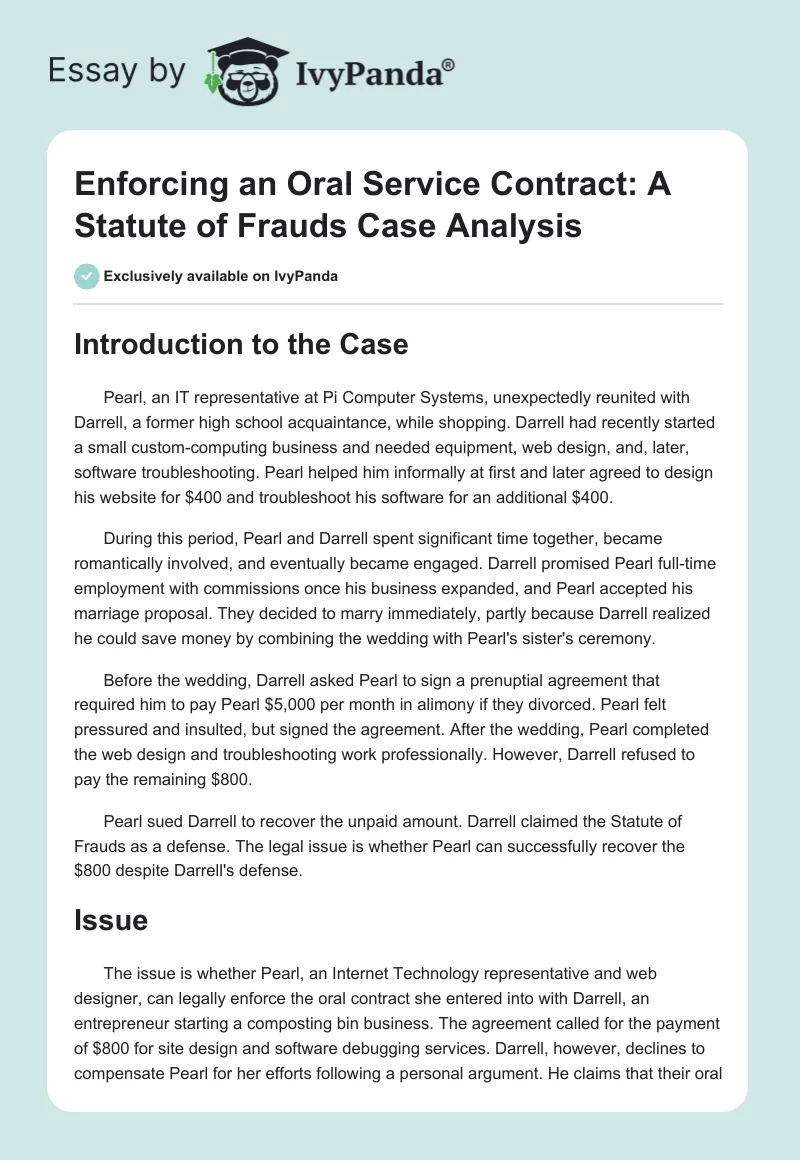 Enforcing an Oral Service Contract: A Statute of Frauds Case Analysis. Page 1