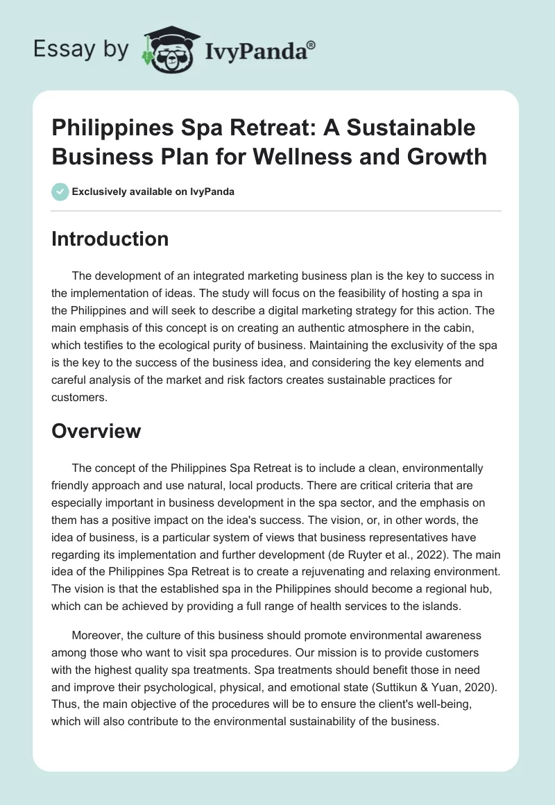 Philippines Spa Retreat: A Sustainable Business Plan for Wellness and Growth. Page 1