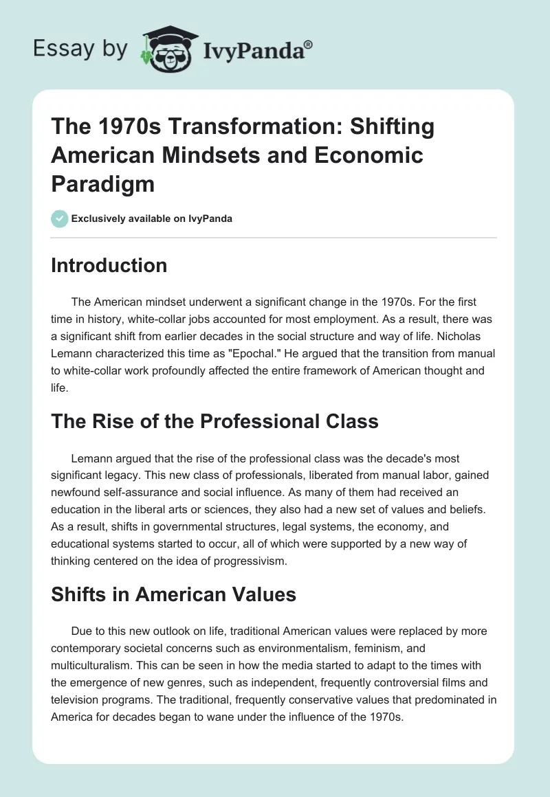 The 1970s Transformation: Shifting American Mindsets and Economic Paradigm. Page 1