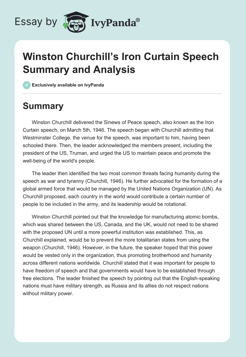 Winston Churchill’s Iron Curtain Speech Summary and Analysis. Page 1