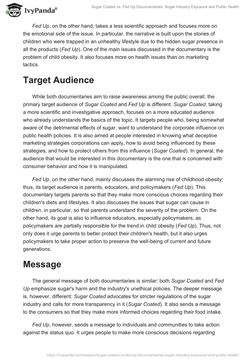 Sugar Coated vs. Fed Up Documentaries: Sugar Industry Exposure and Public Health. Page 2