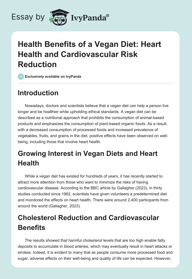 Health Benefits of a Vegan Diet: Heart Health and Cardiovascular Risk Reduction. Page 1