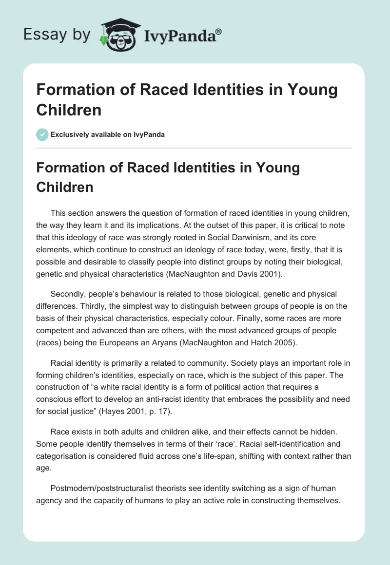 Formation of Raced Identities in Young Children. Page 1