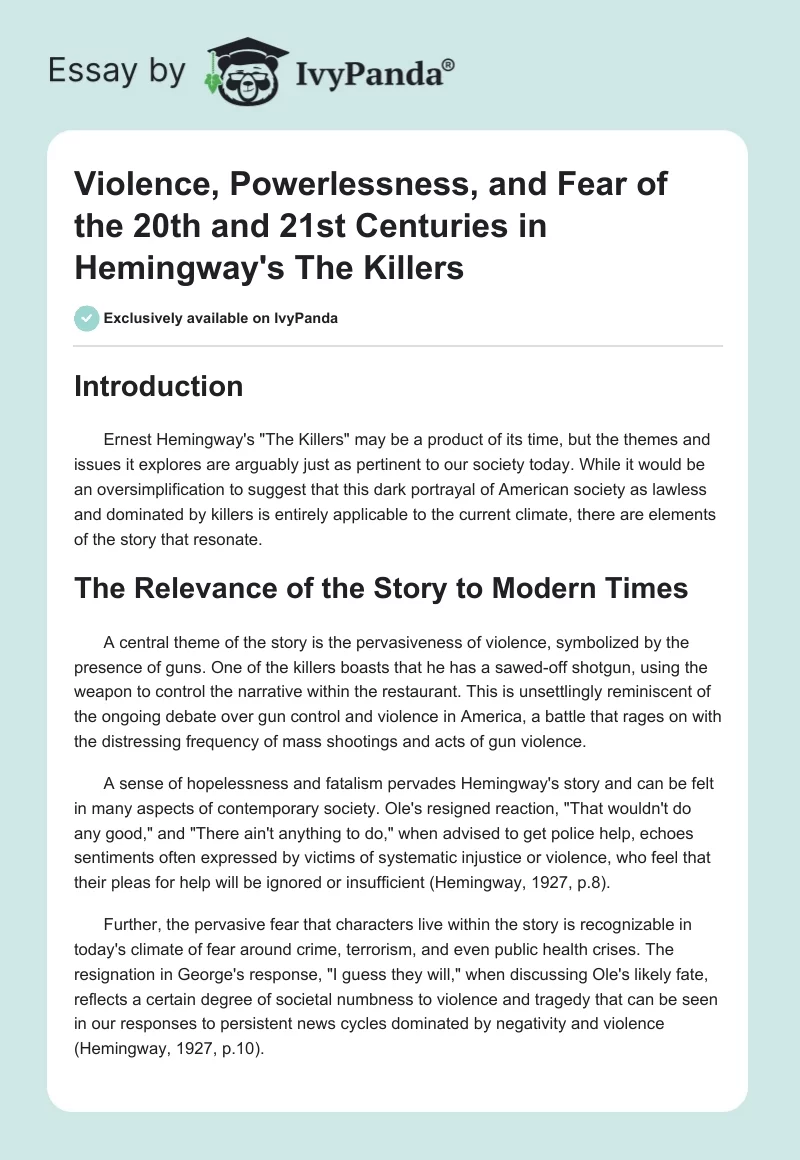 Violence, Powerlessness, and Fear of the 20th and 21st Centuries in Hemingway's "The Killers". Page 1