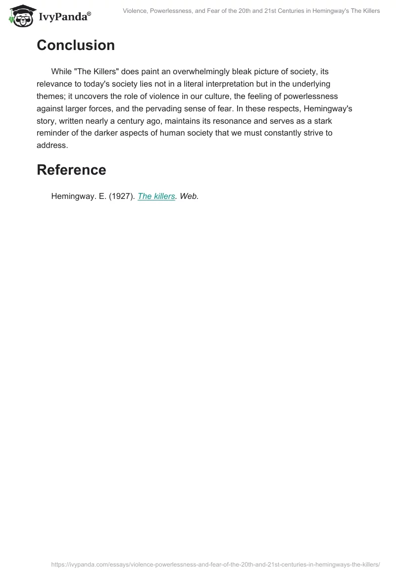 Violence, Powerlessness, and Fear of the 20th and 21st Centuries in Hemingway's "The Killers". Page 2