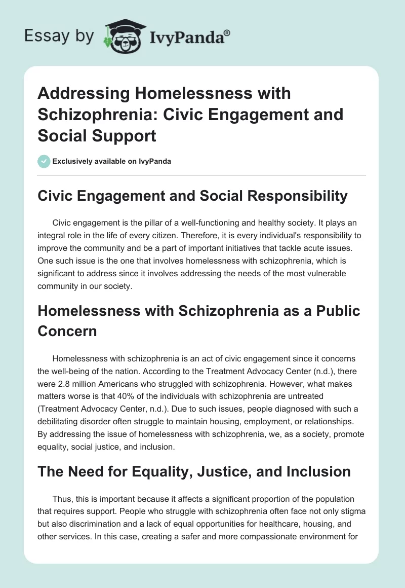 Addressing Homelessness with Schizophrenia: Civic Engagement and Social Support. Page 1