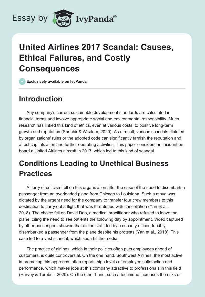 United Airlines 2017 Scandal: Causes, Ethical Failures, and Costly Consequences. Page 1