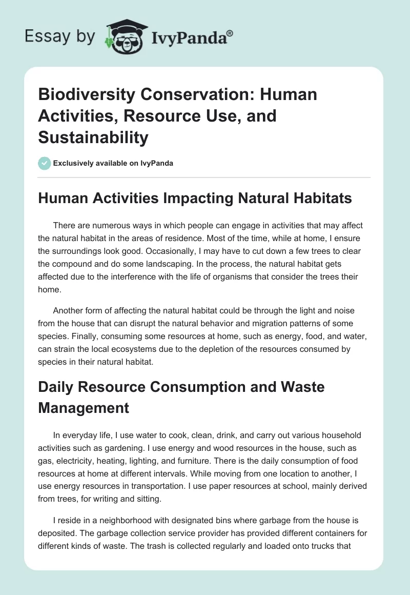 Biodiversity Conservation: Human Activities, Resource Use, and Sustainability. Page 1