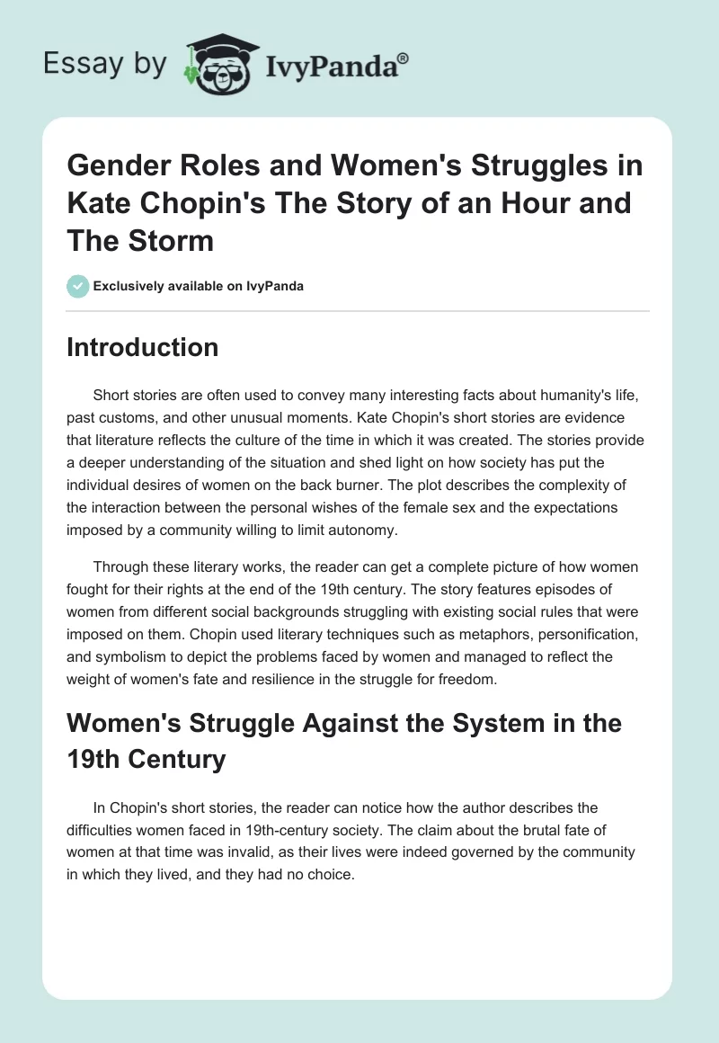 Gender Roles and Women's Struggles in Kate Chopin's "The Story of an Hour" and "The Storm". Page 1