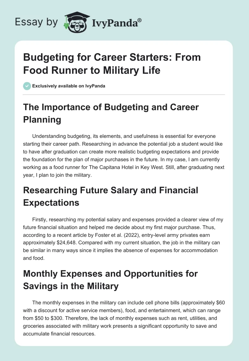 Budgeting for Career Starters: From Food Runner to Military Life. Page 1